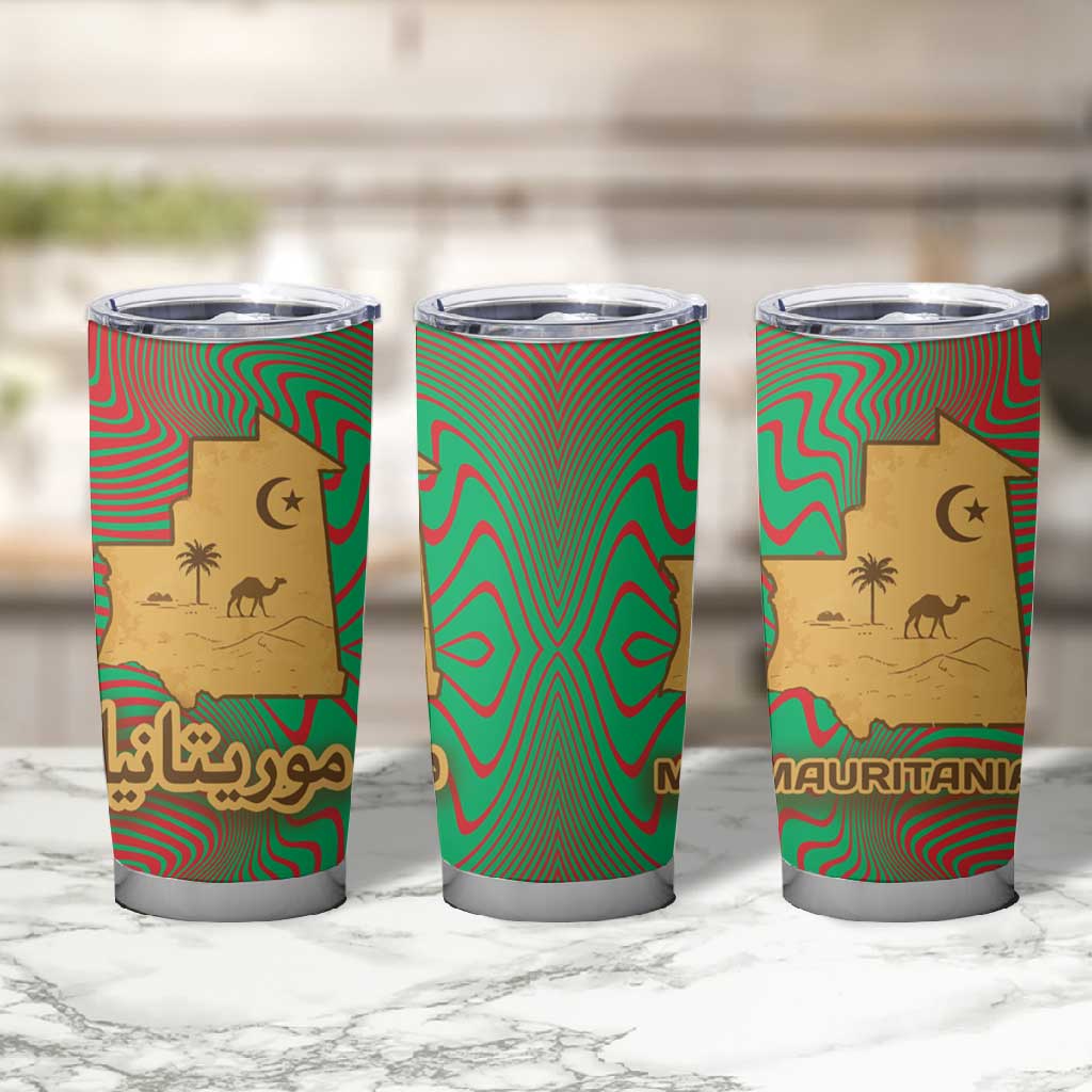 Mauritania Tumbler Cup - Desert Camel Crescent Moon and Palm Tree Graphic in Red Green Gold Pattern TS04