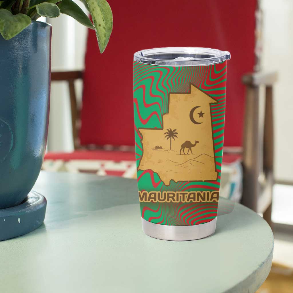 Mauritania Tumbler Cup - Desert Camel Crescent Moon and Palm Tree Graphic in Red Green Gold Pattern TS04