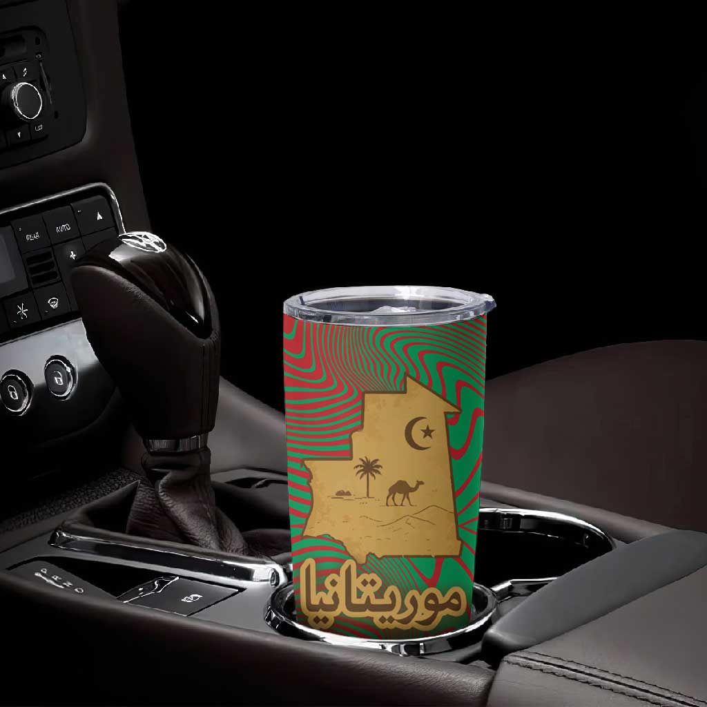 Mauritania Tumbler Cup - Desert Camel Crescent Moon and Palm Tree Graphic in Red Green Gold Pattern TS04