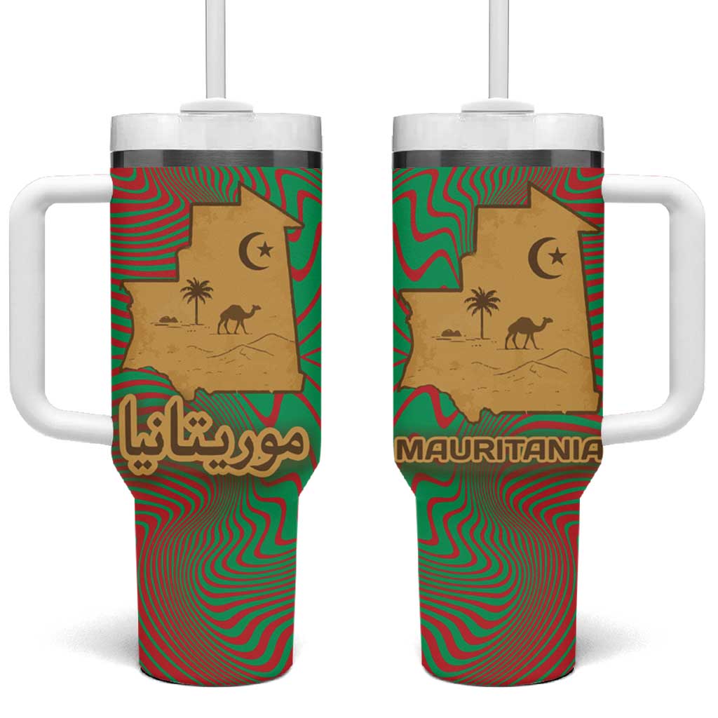 Mauritania Tumbler With Handle - Desert Camel Crescent Moon and Palm Tree Graphic in Red Green Gold Pattern TS04