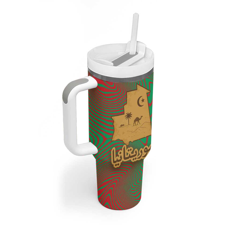 Mauritania Tumbler With Handle - Desert Camel Crescent Moon and Palm Tree Graphic in Red Green Gold Pattern TS04