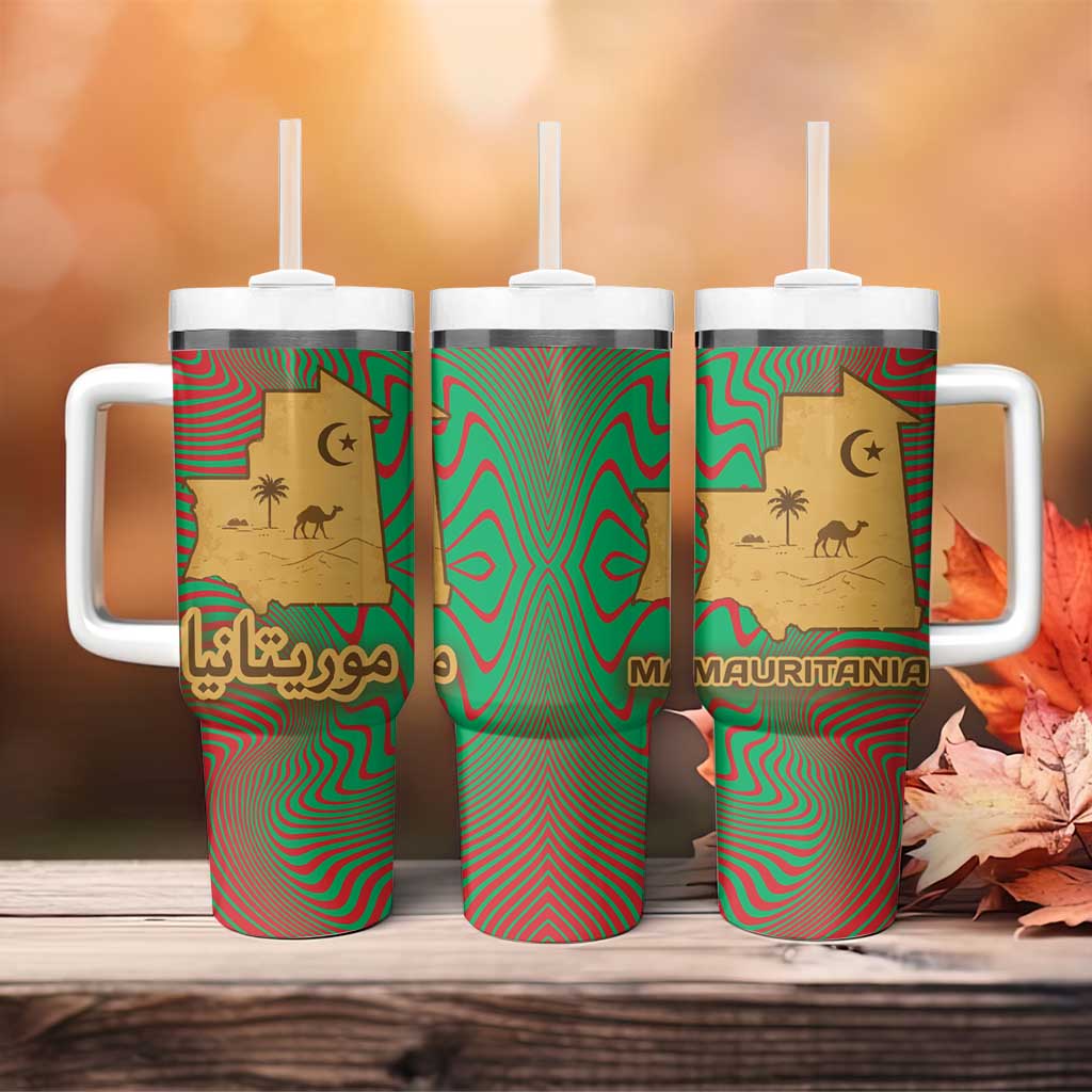 Mauritania Tumbler With Handle - Desert Camel Crescent Moon and Palm Tree Graphic in Red Green Gold Pattern TS04