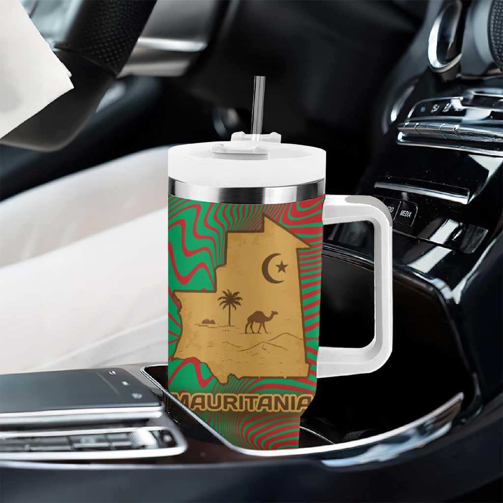 Mauritania Tumbler With Handle - Desert Camel Crescent Moon and Palm Tree Graphic in Red Green Gold Pattern TS04