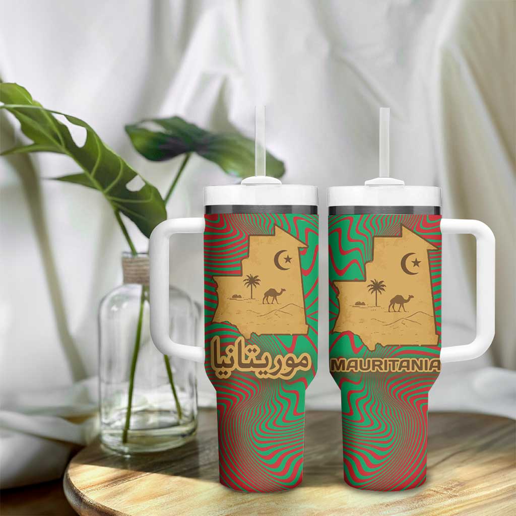 Mauritania Tumbler With Handle - Desert Camel Crescent Moon and Palm Tree Graphic in Red Green Gold Pattern TS04