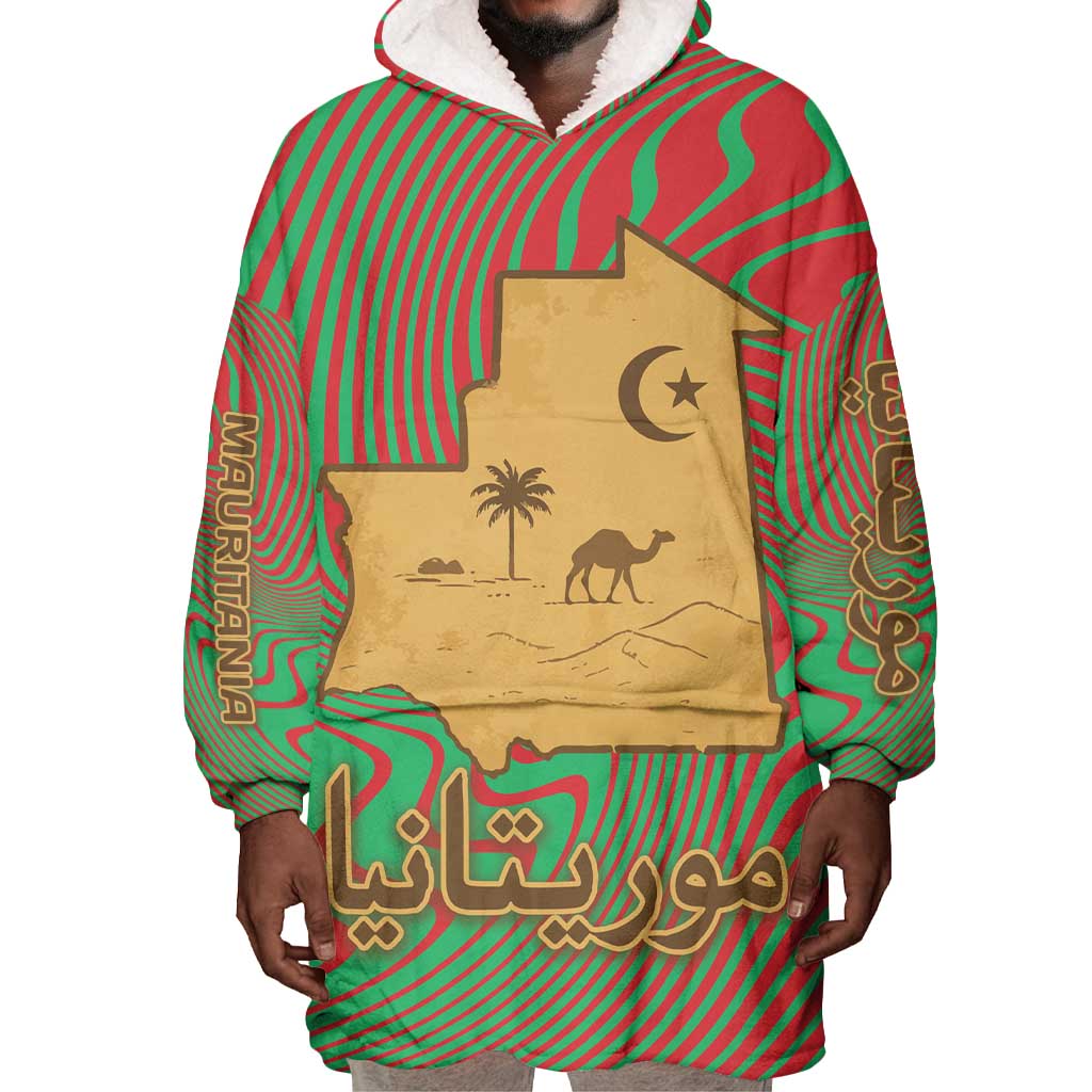 Mauritania Wearable Blanket Hoodie - Desert Camel Crescent Moon and Palm Tree Graphic in Red Green Gold Pattern TS04