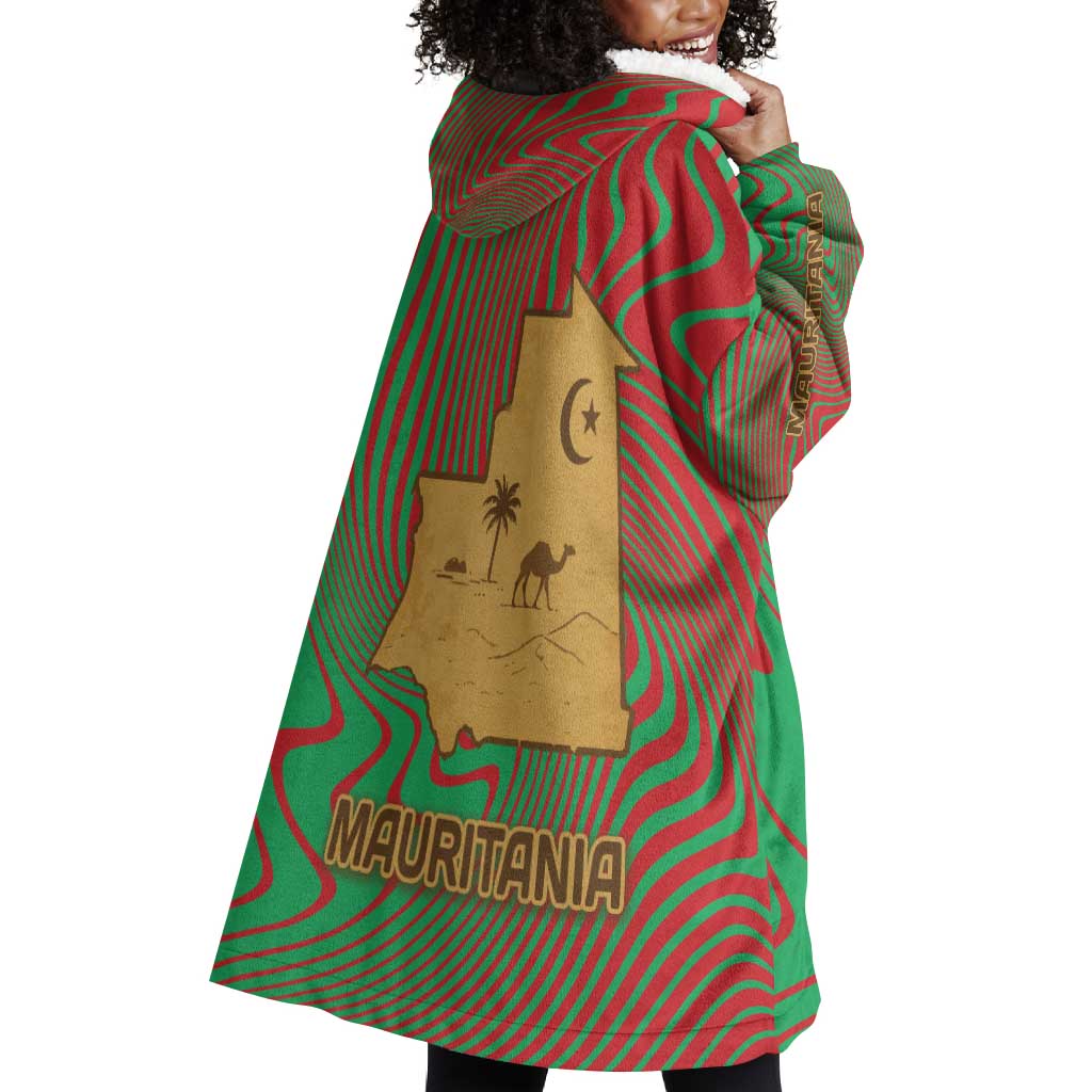 Mauritania Wearable Blanket Hoodie - Desert Camel Crescent Moon and Palm Tree Graphic in Red Green Gold Pattern TS04