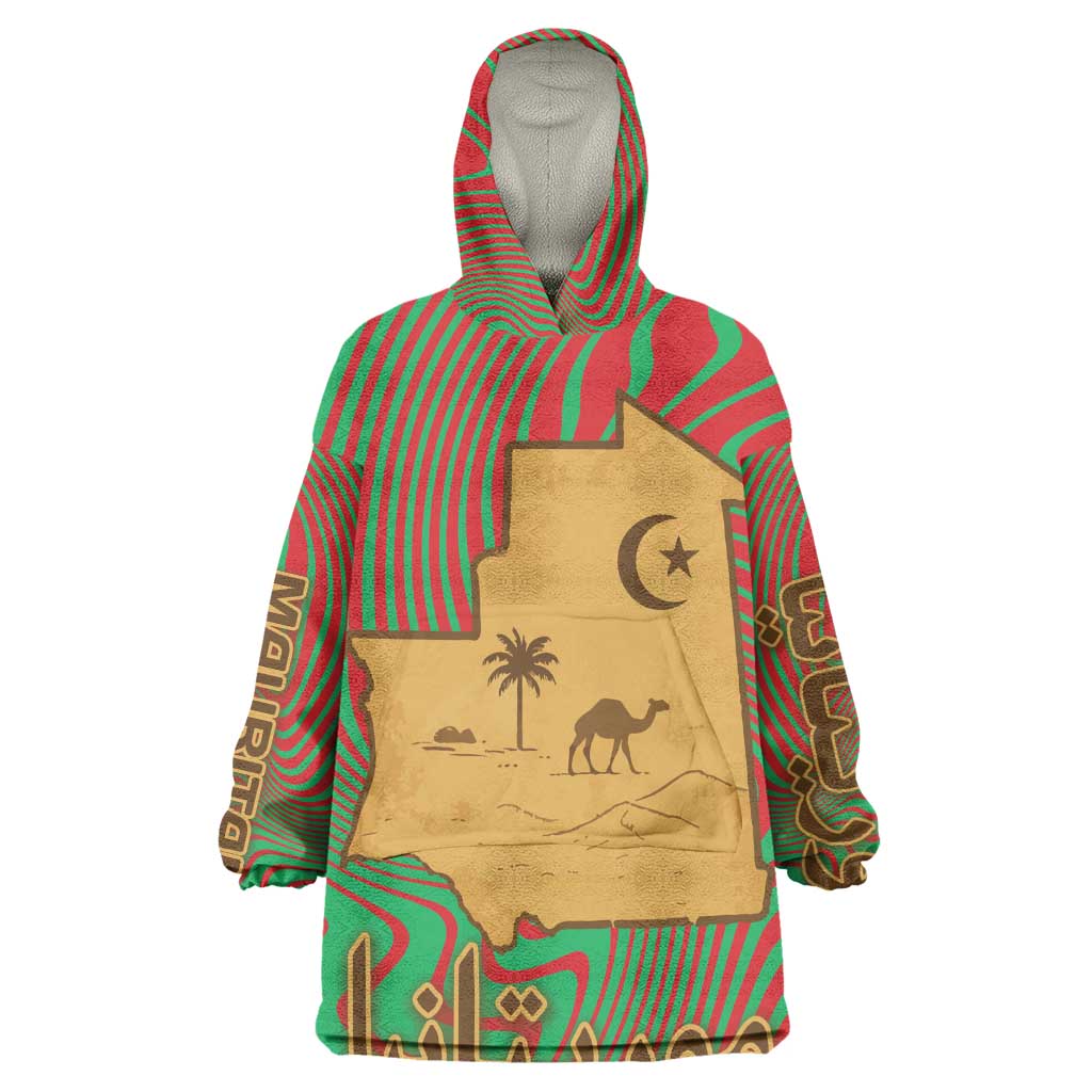 Mauritania Wearable Blanket Hoodie - Desert Camel Crescent Moon and Palm Tree Graphic in Red Green Gold Pattern TS04