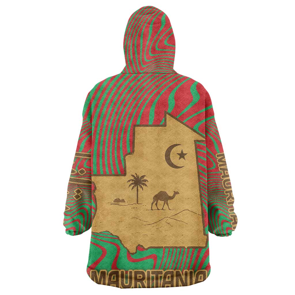 Mauritania Wearable Blanket Hoodie - Desert Camel Crescent Moon and Palm Tree Graphic in Red Green Gold Pattern TS04