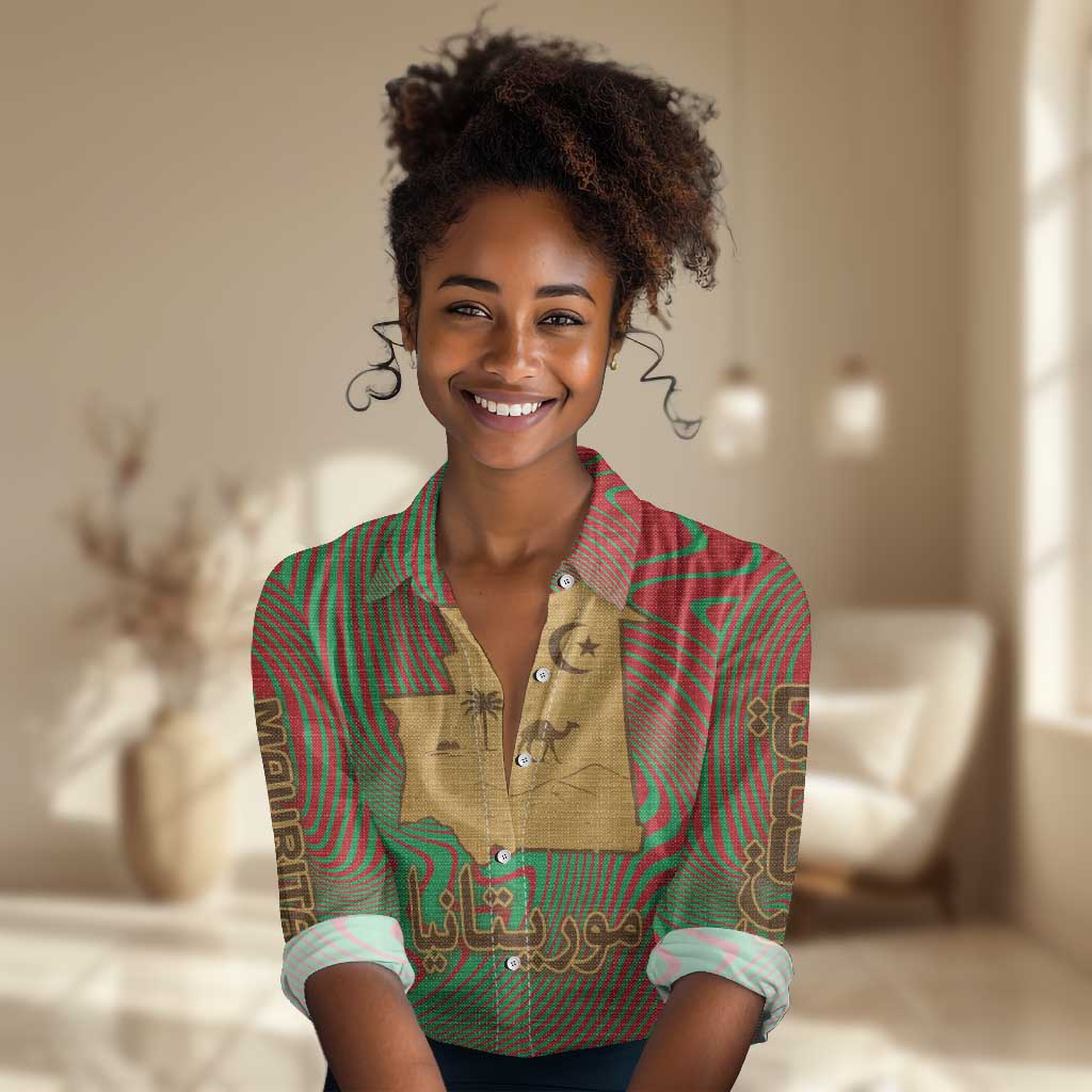 Mauritania Women Casual Shirt - Desert Camel Crescent Moon and Palm Tree Graphic in Red Green Gold Pattern TS04