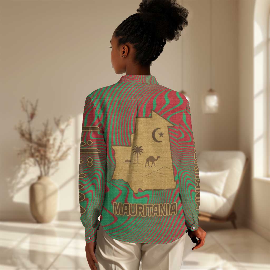 Mauritania Women Casual Shirt - Desert Camel Crescent Moon and Palm Tree Graphic in Red Green Gold Pattern TS04