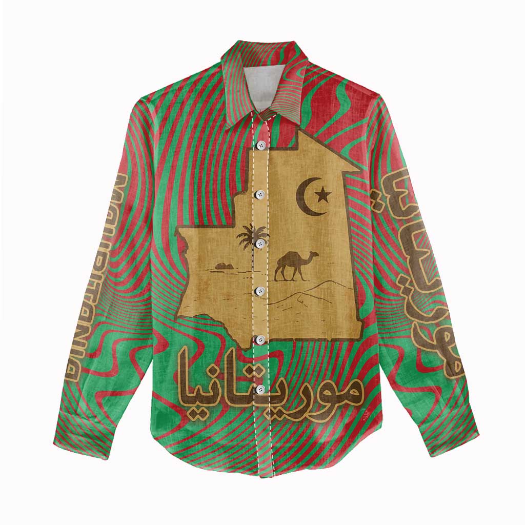 Mauritania Women Casual Shirt - Desert Camel Crescent Moon and Palm Tree Graphic in Red Green Gold Pattern TS04