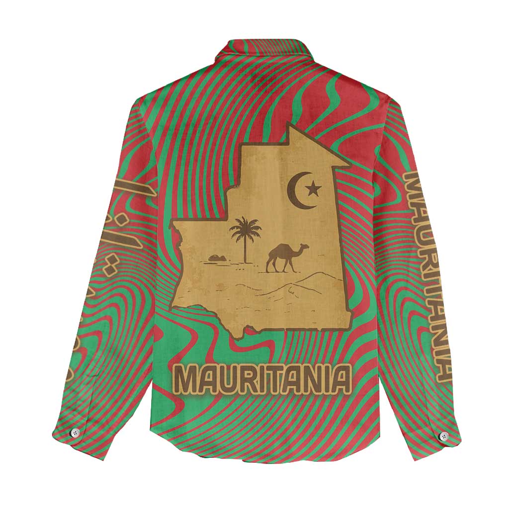 Mauritania Women Casual Shirt - Desert Camel Crescent Moon and Palm Tree Graphic in Red Green Gold Pattern TS04