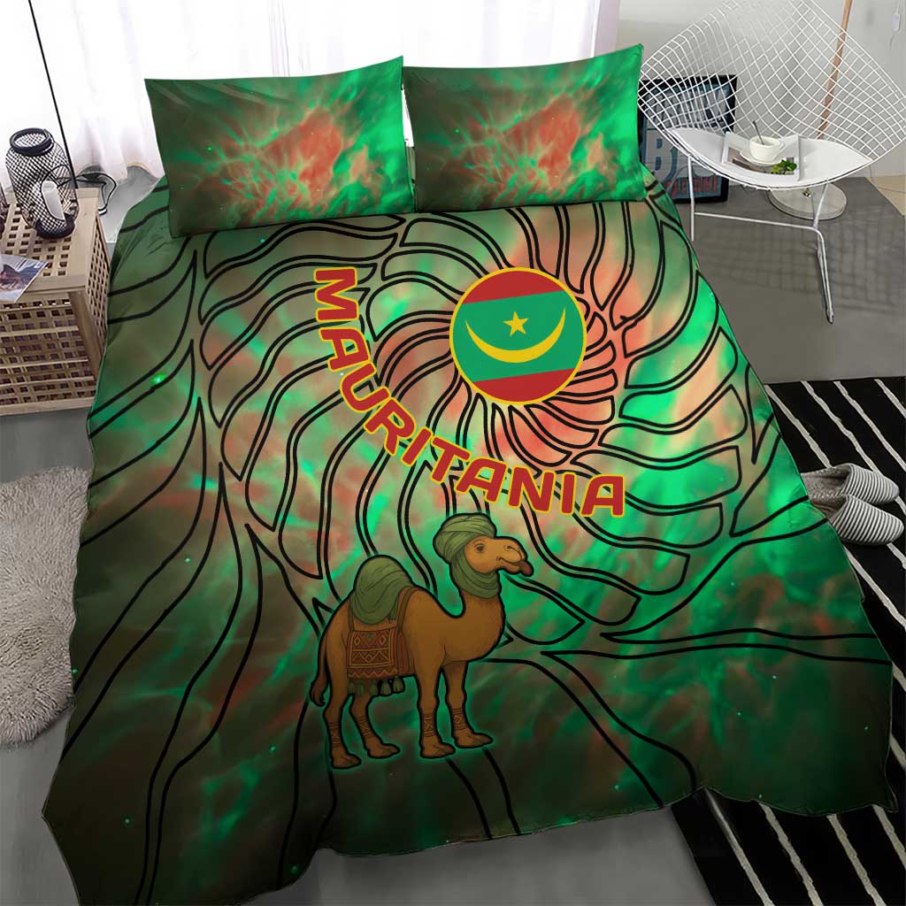 Mauritania Bedding Set - Green Tie Dye Camel and Crescent Moon Flag Design TS04