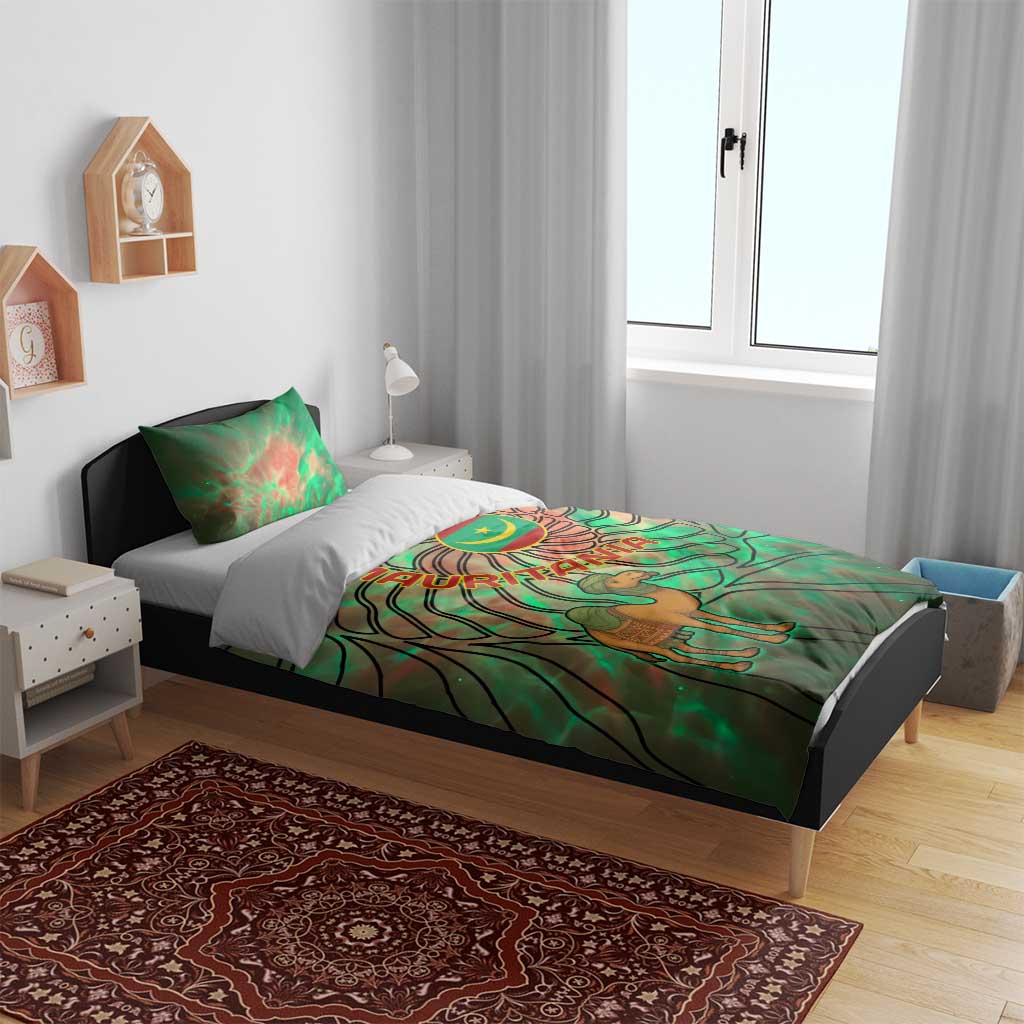Mauritania Bedding Set - Green Tie Dye Camel and Crescent Moon Flag Design TS04