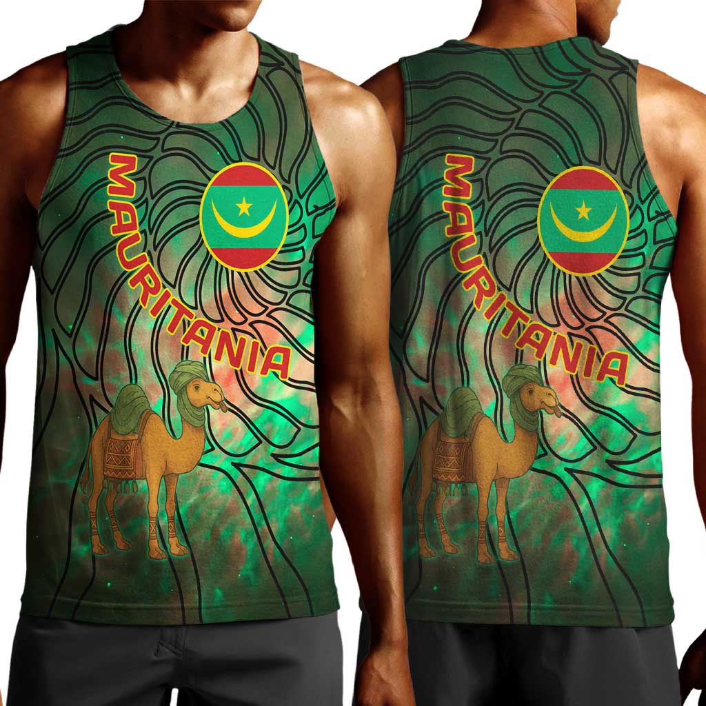 Mauritania Men Tank Top - Green Tie Dye Camel and Crescent Moon Flag Design TS04