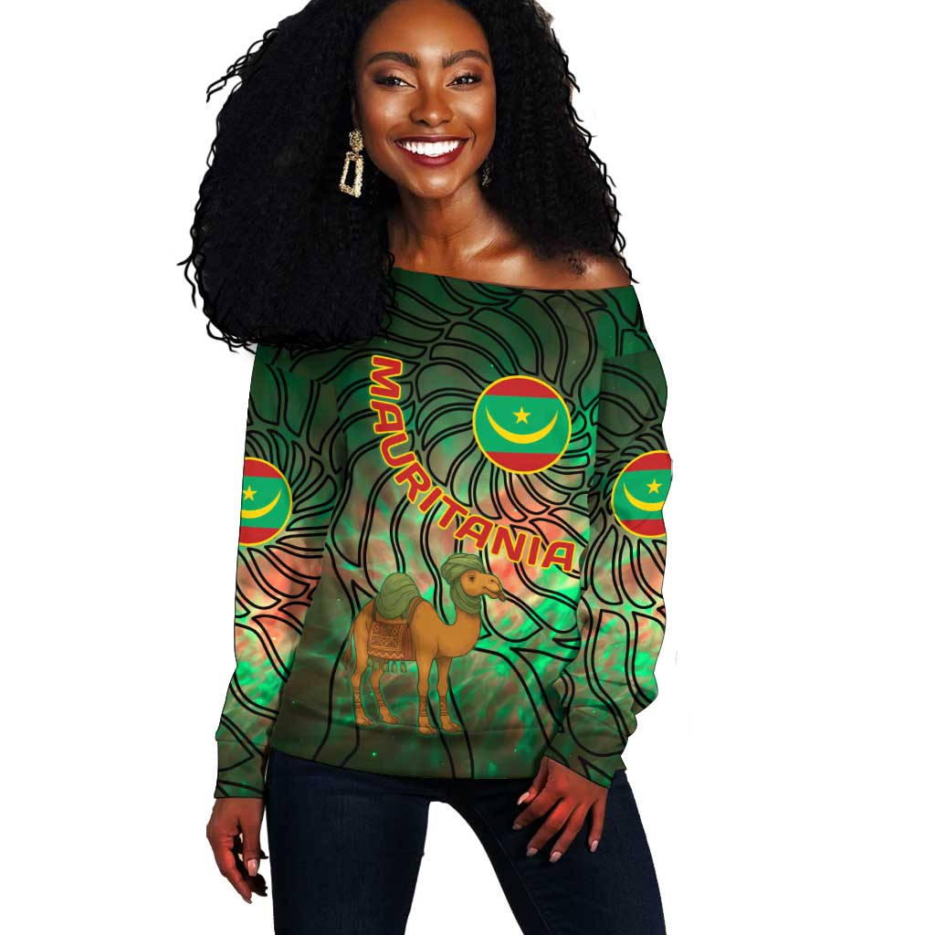 Mauritania Off Shoulder Sweater - Green Tie Dye Camel and Crescent Moon Flag Design TS04