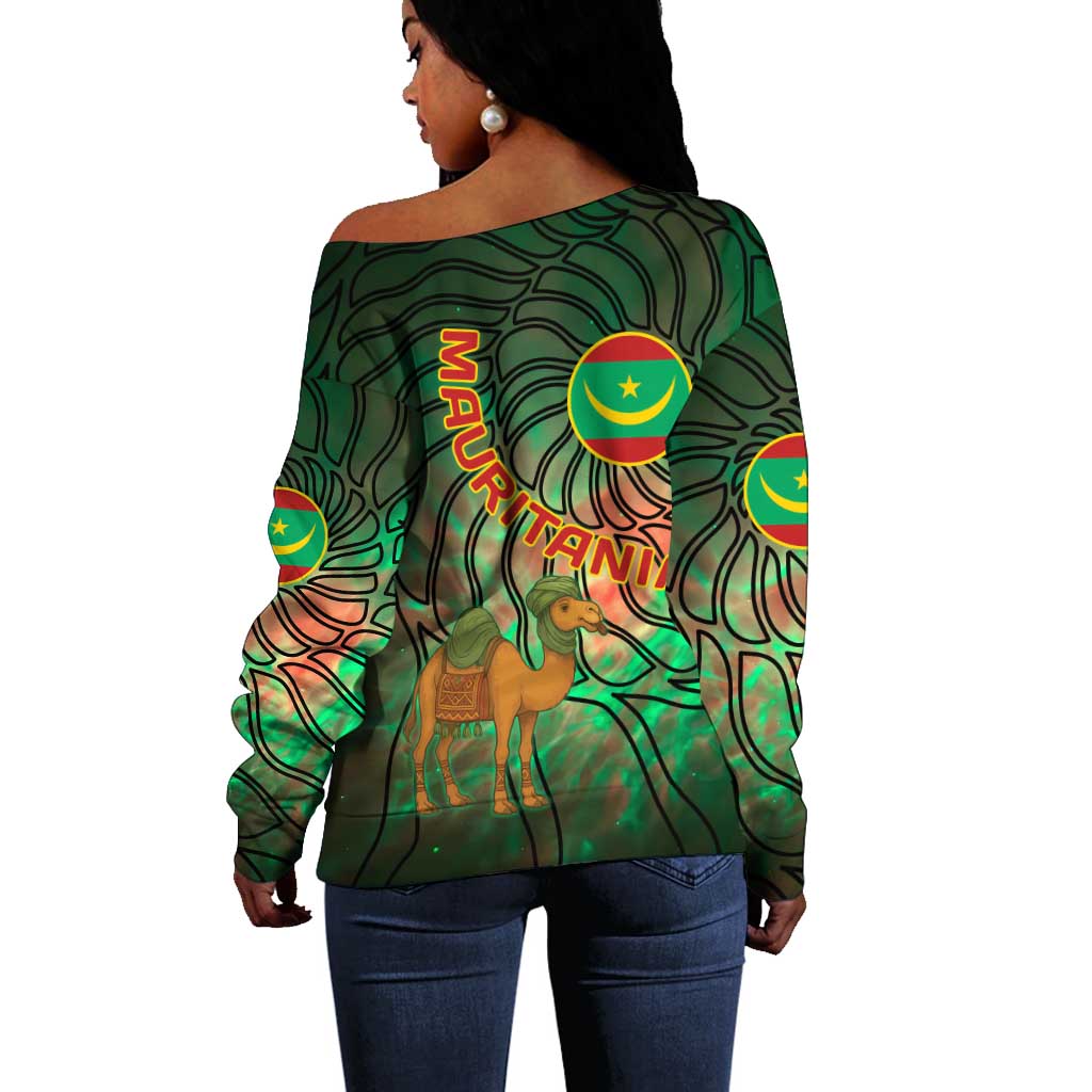 Mauritania Off Shoulder Sweater - Green Tie Dye Camel and Crescent Moon Flag Design TS04