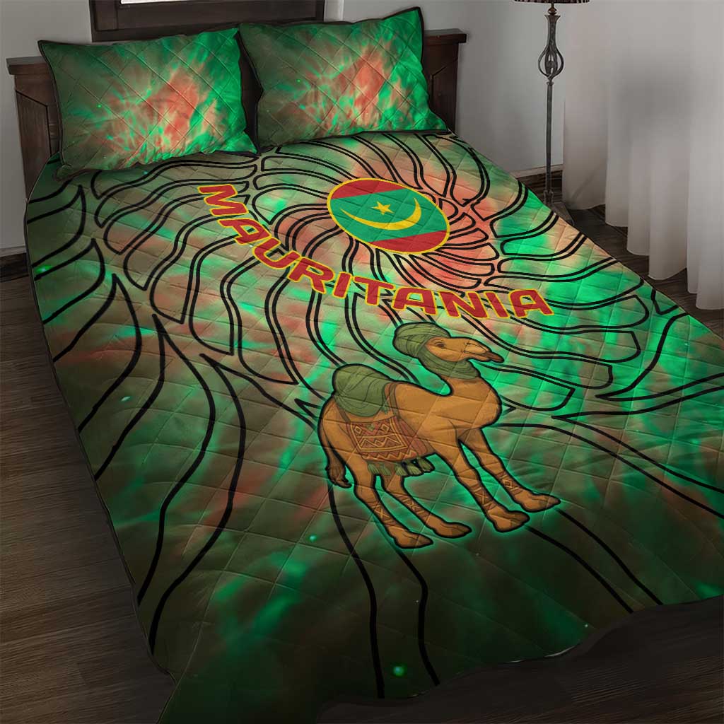 Mauritania Quilt Bed Set - Green Tie Dye Camel and Crescent Moon Flag Design TS04
