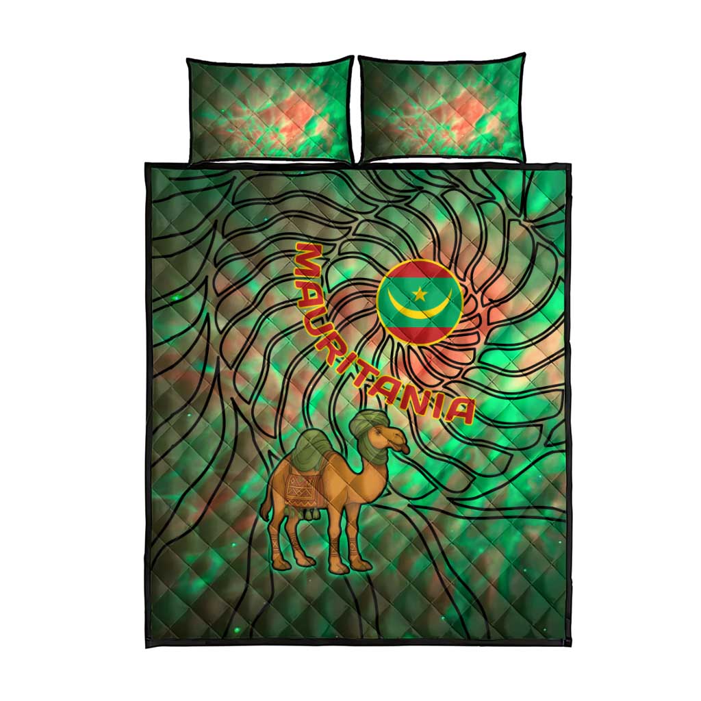Mauritania Quilt Bed Set - Green Tie Dye Camel and Crescent Moon Flag Design TS04