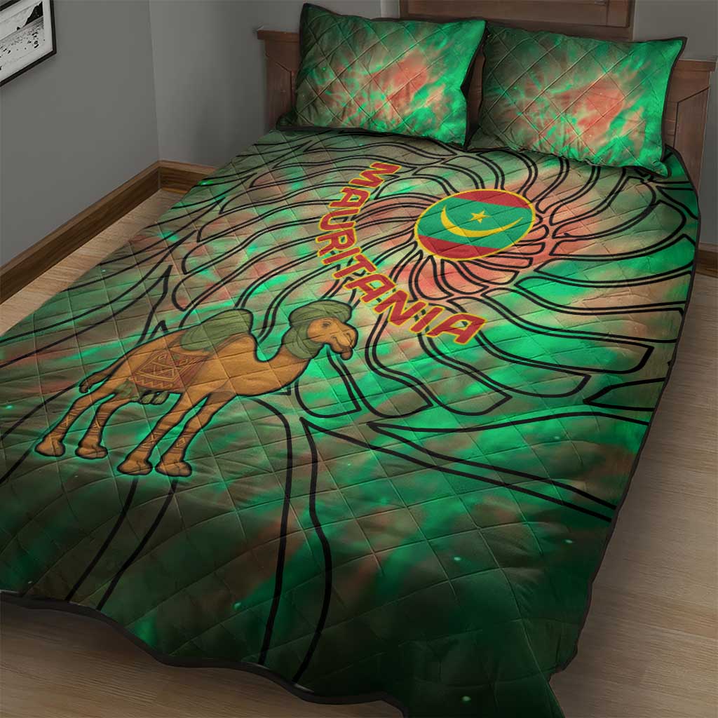 Mauritania Quilt Bed Set - Green Tie Dye Camel and Crescent Moon Flag Design TS04