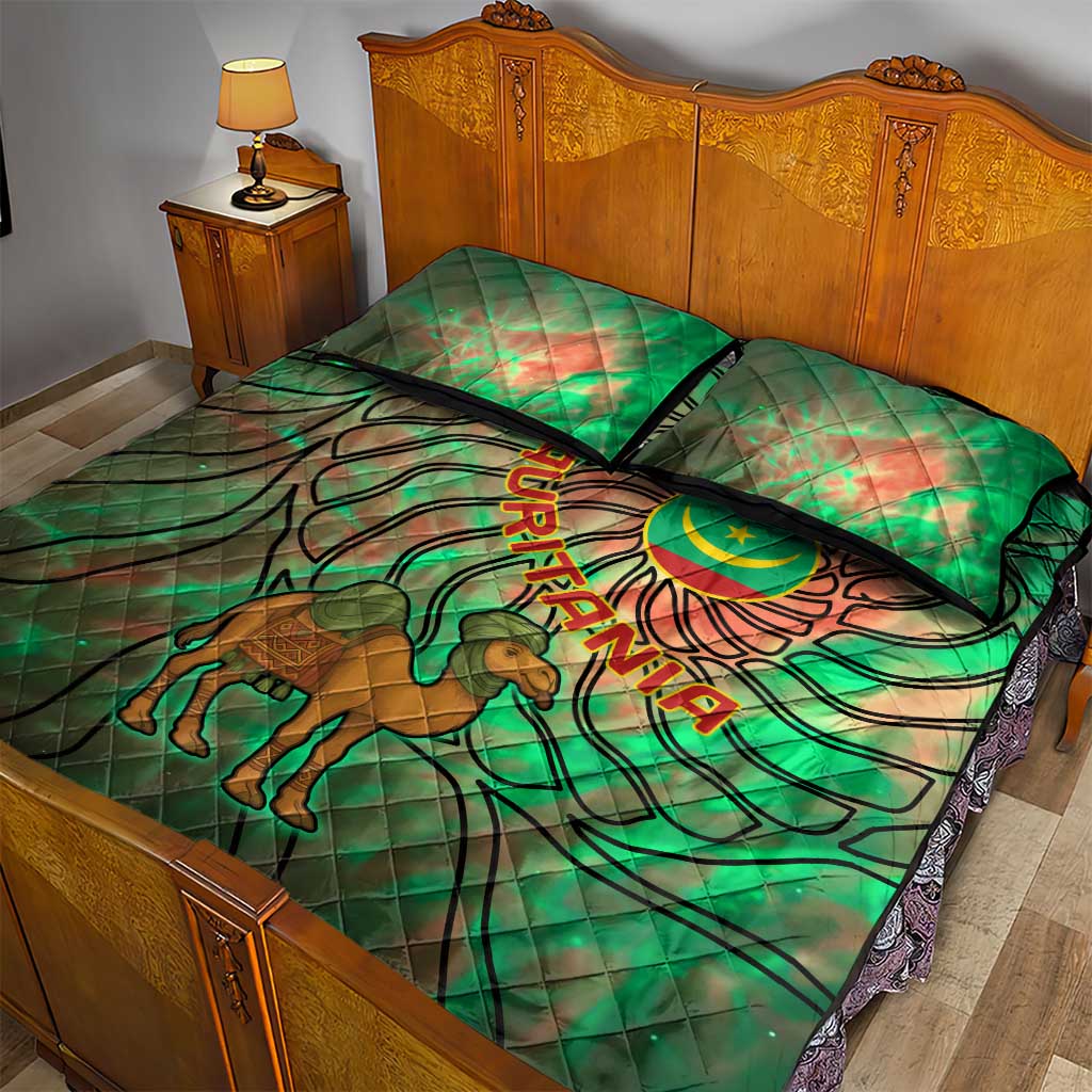 Mauritania Quilt Bed Set - Green Tie Dye Camel and Crescent Moon Flag Design TS04