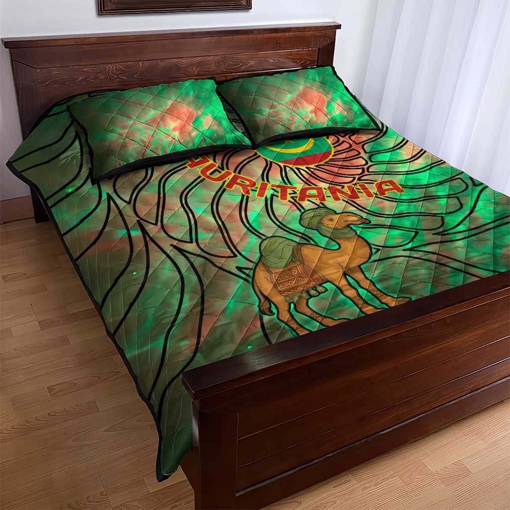 Mauritania Quilt Bed Set - Green Tie Dye Camel and Crescent Moon Flag Design TS04