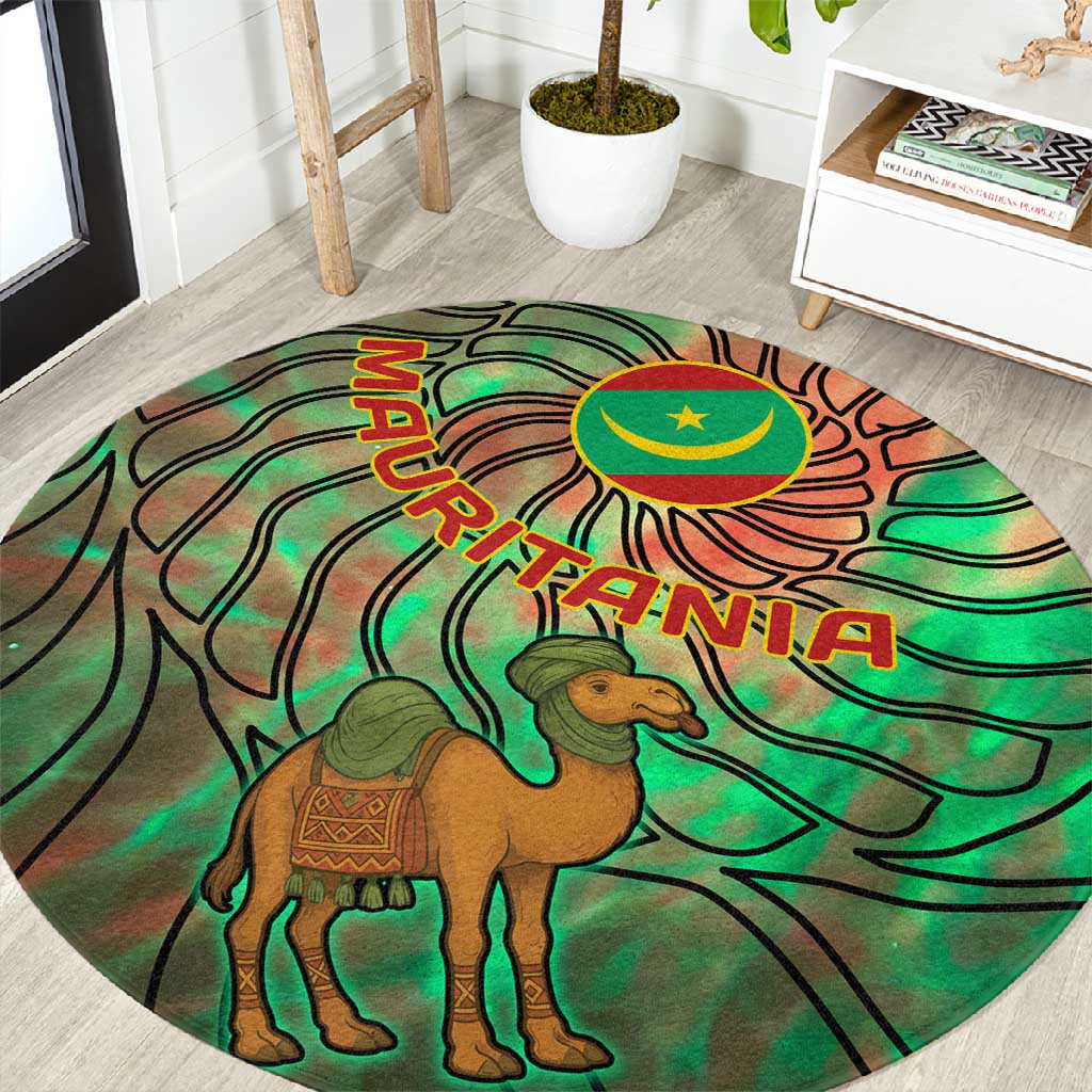 Mauritania Round Carpet - Green Tie Dye Camel and Crescent Moon Flag Design TS04