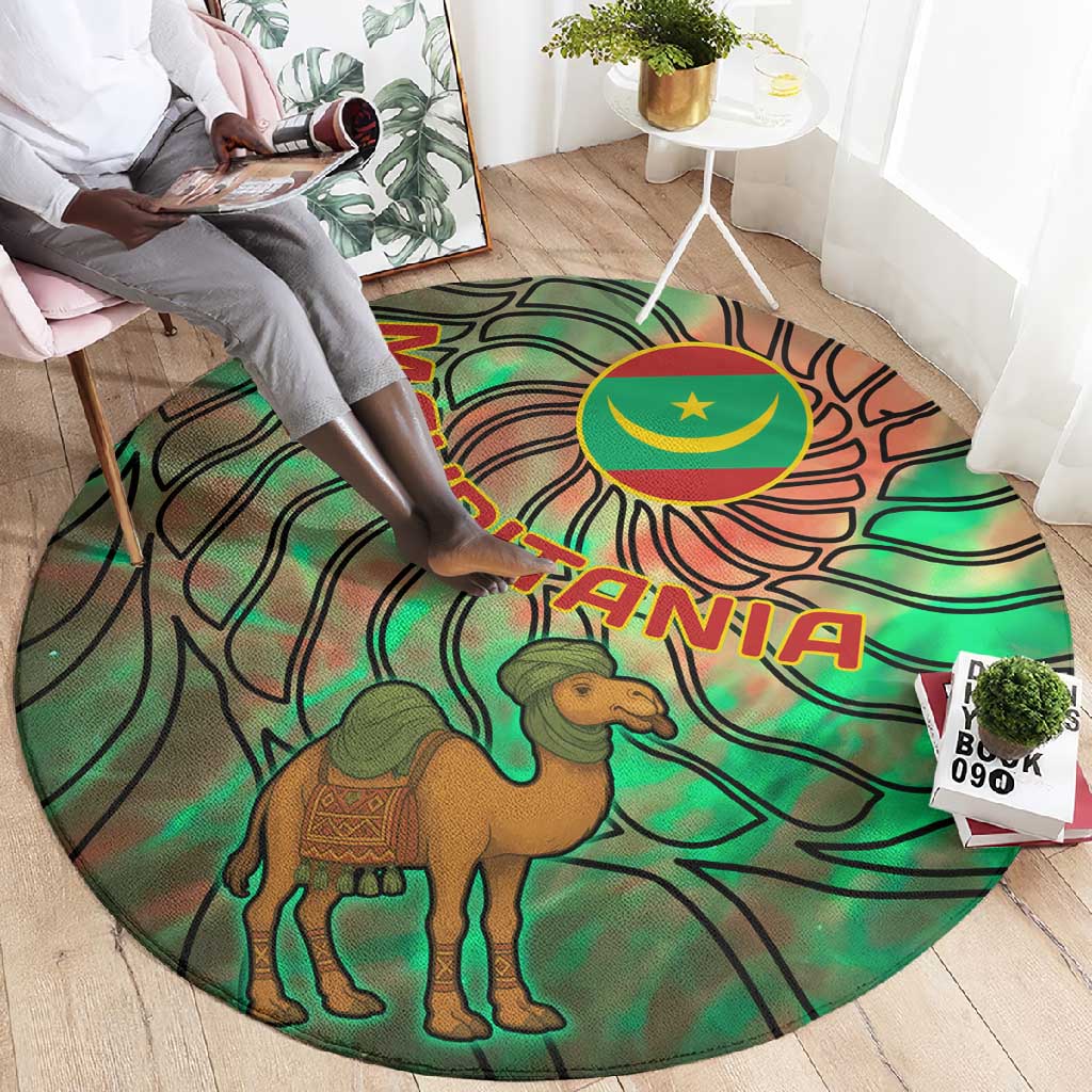Mauritania Round Carpet - Green Tie Dye Camel and Crescent Moon Flag Design TS04