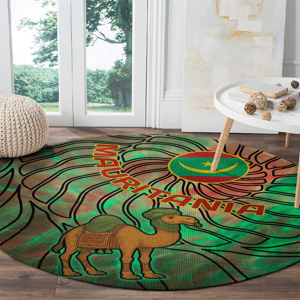 Mauritania Round Carpet - Green Tie Dye Camel and Crescent Moon Flag Design TS04