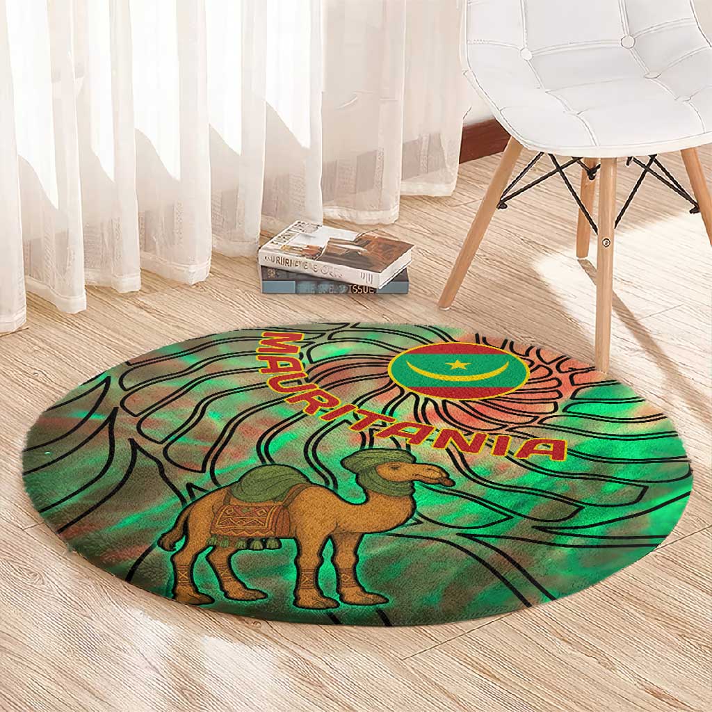 Mauritania Round Carpet - Green Tie Dye Camel and Crescent Moon Flag Design TS04