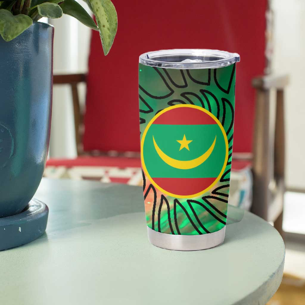 Mauritania Tumbler Cup - Green Tie Dye Camel and Crescent Moon Flag Design TS04