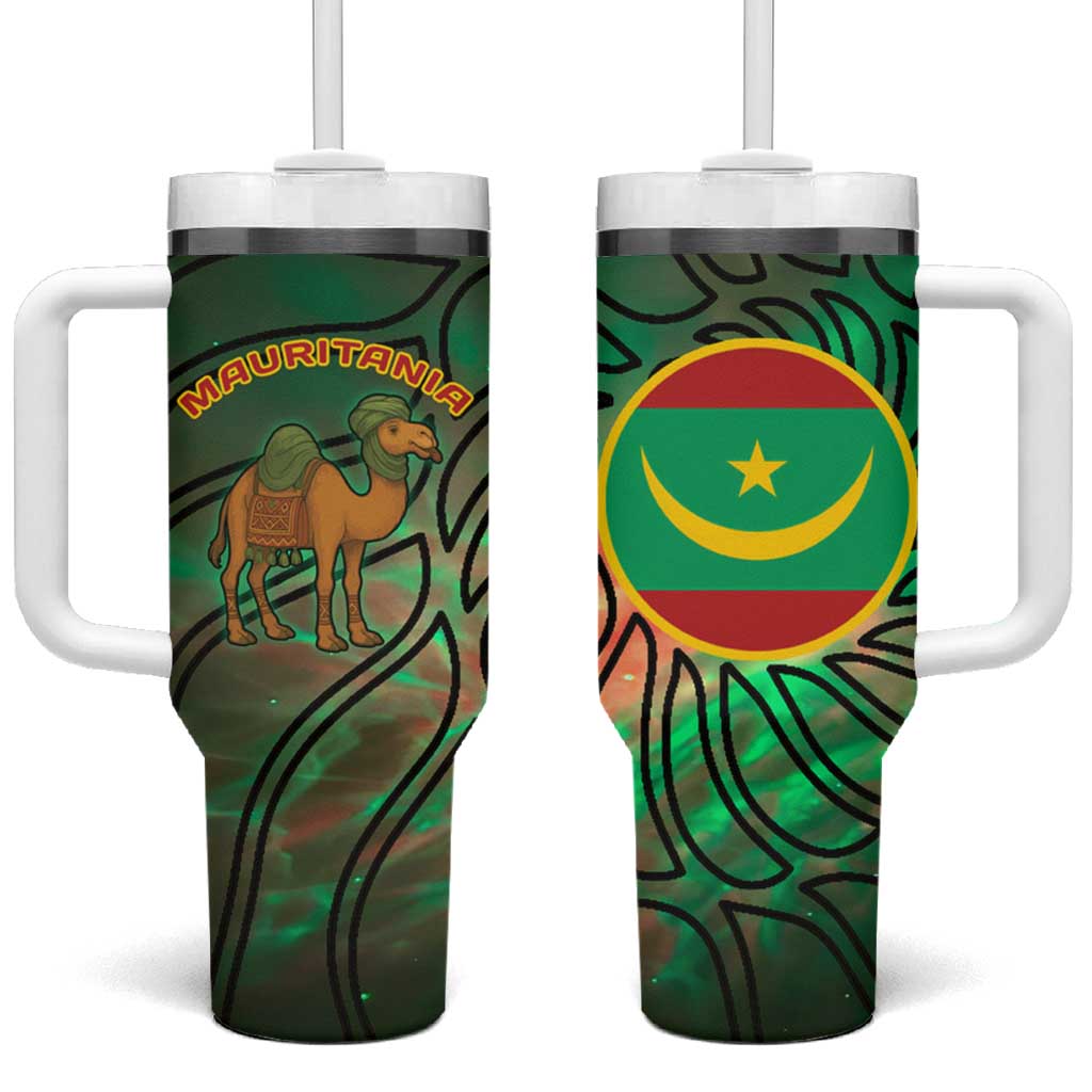 Mauritania Tumbler With Handle - Green Tie Dye Camel and Crescent Moon Flag Design TS04
