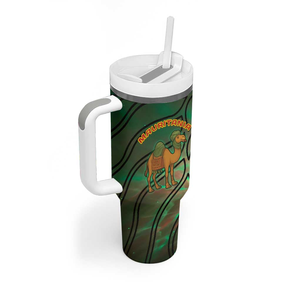 Mauritania Tumbler With Handle - Green Tie Dye Camel and Crescent Moon Flag Design TS04