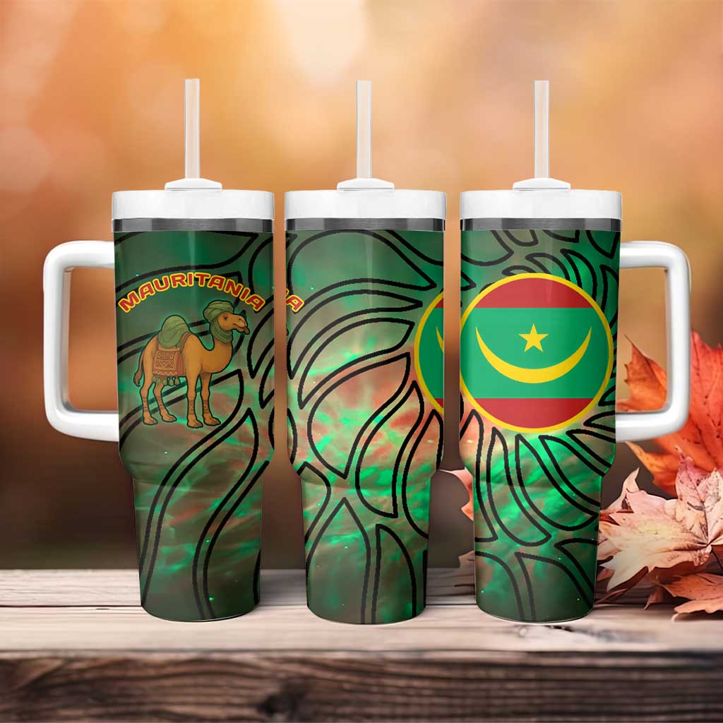 Mauritania Tumbler With Handle - Green Tie Dye Camel and Crescent Moon Flag Design TS04
