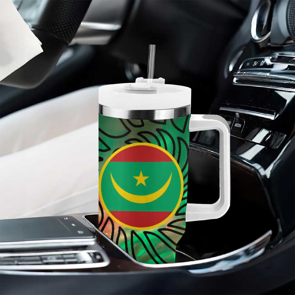 Mauritania Tumbler With Handle - Green Tie Dye Camel and Crescent Moon Flag Design TS04
