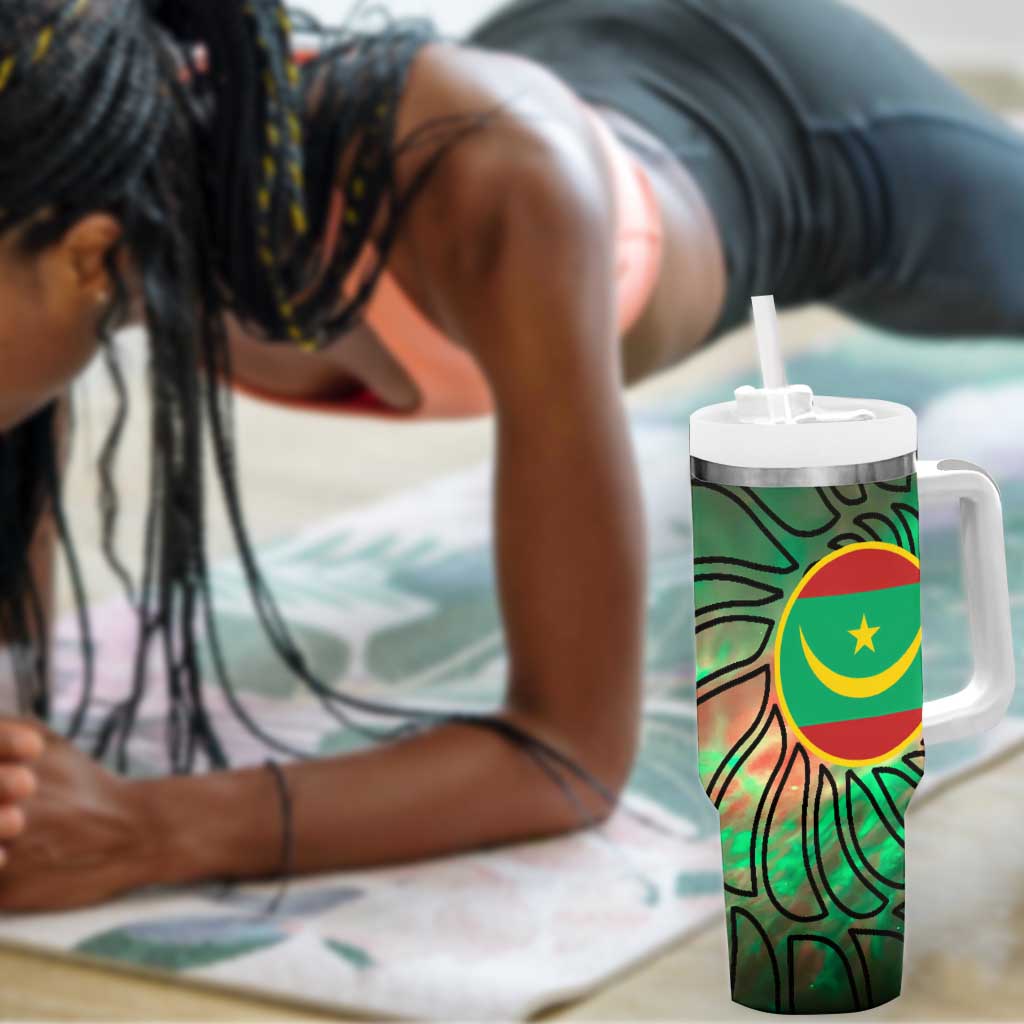 Mauritania Tumbler With Handle - Green Tie Dye Camel and Crescent Moon Flag Design TS04