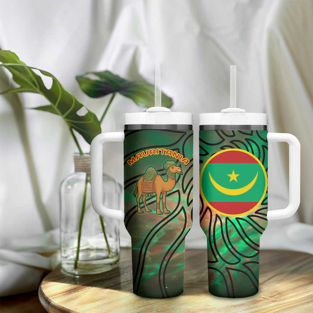 Mauritania Tumbler With Handle - Green Tie Dye Camel and Crescent Moon Flag Design TS04