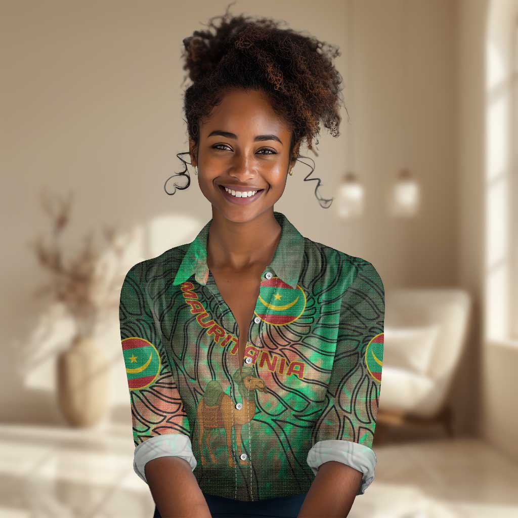 Mauritania Women Casual Shirt - Green Tie Dye Camel and Crescent Moon Flag Design TS04