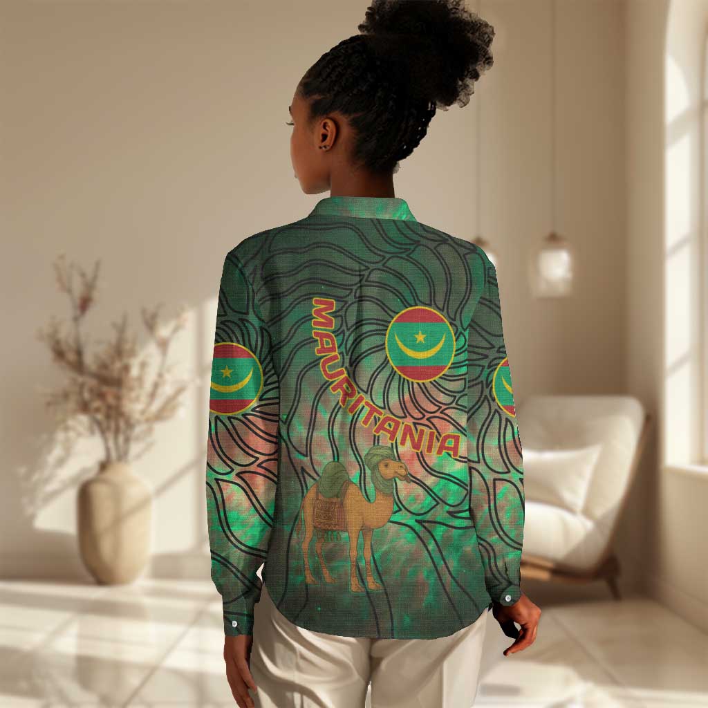 Mauritania Women Casual Shirt - Green Tie Dye Camel and Crescent Moon Flag Design TS04
