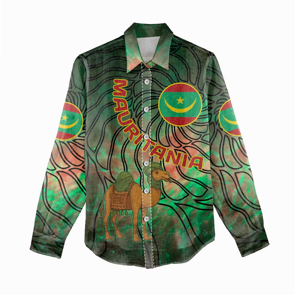 Mauritania Women Casual Shirt - Green Tie Dye Camel and Crescent Moon Flag Design TS04