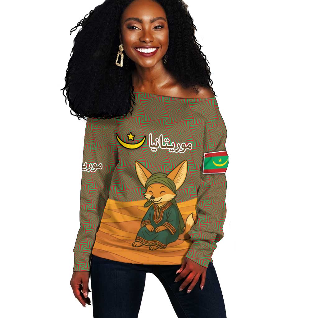 Mauritania Off Shoulder Sweater - Cute Fennec Fox and Arabic Calligraphy Desert Design TS04