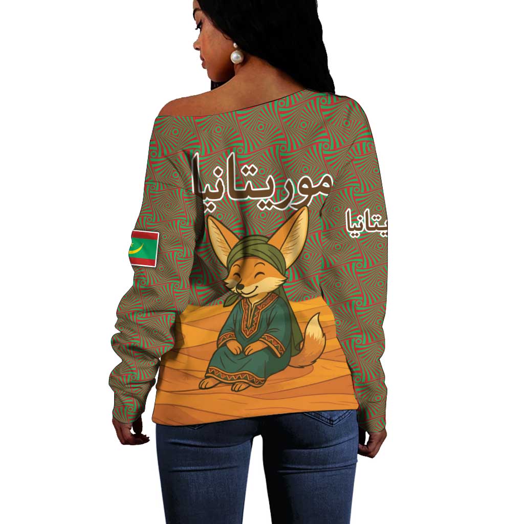 Mauritania Off Shoulder Sweater - Cute Fennec Fox and Arabic Calligraphy Desert Design TS04