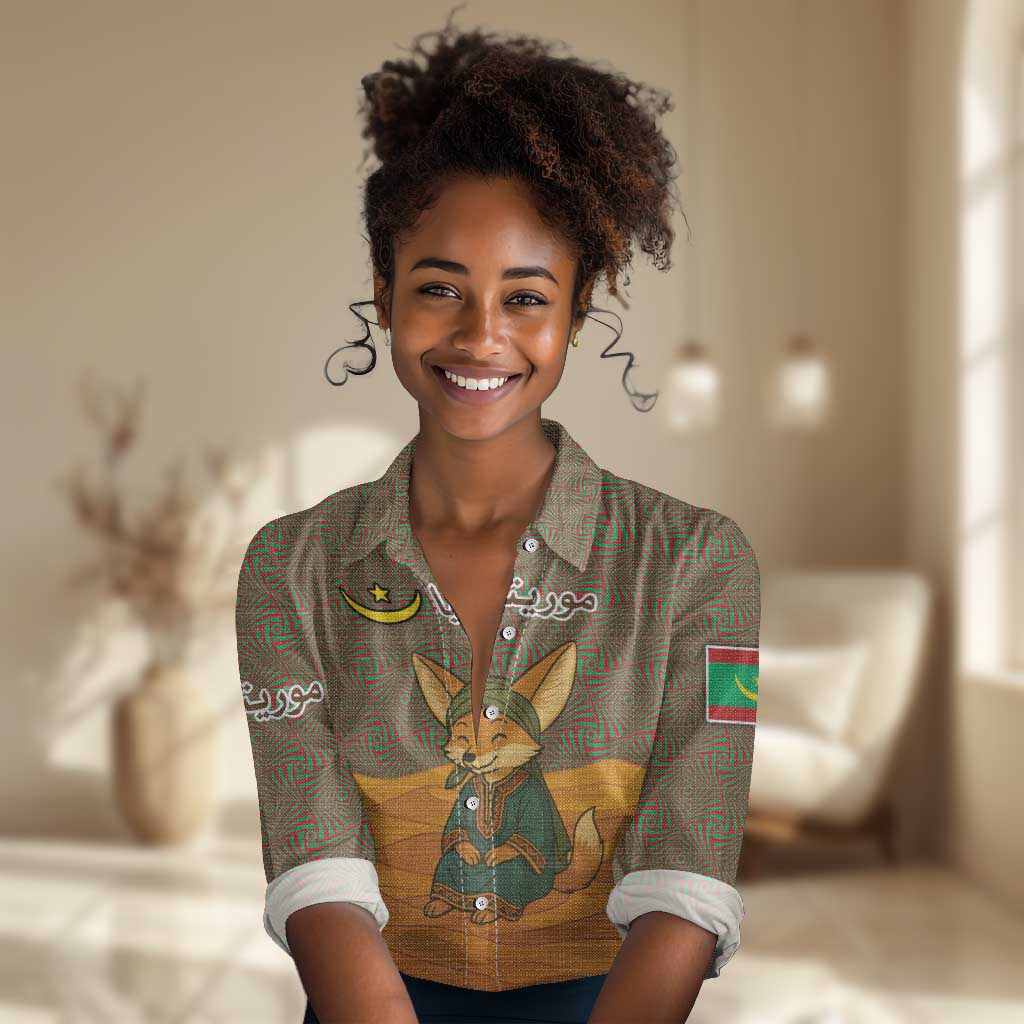 Mauritania Women Casual Shirt - Cute Fennec Fox and Arabic Calligraphy Desert Design TS04