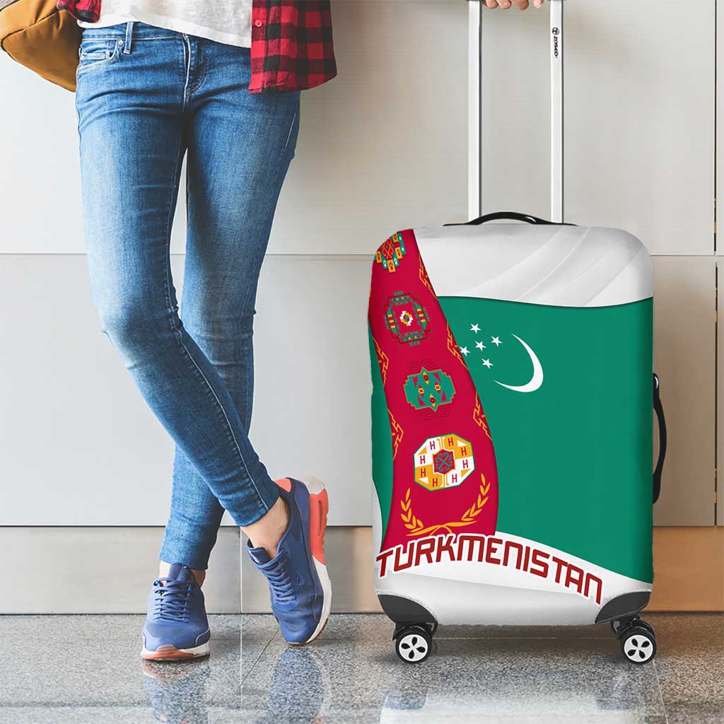 Turkmenistan Flag Luggage Cover with National Emblem and Carpet Stripe Design TS04