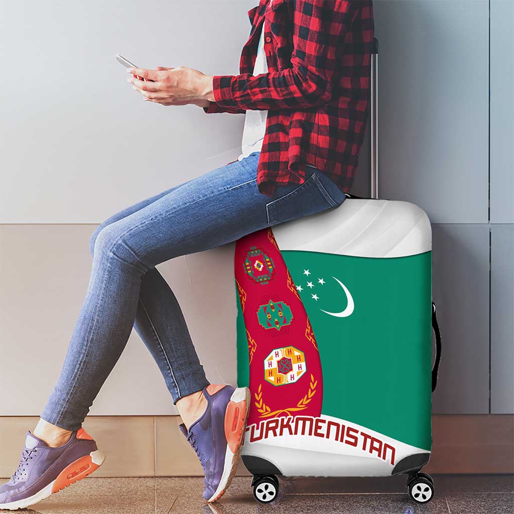 Turkmenistan Flag Luggage Cover with National Emblem and Carpet Stripe Design TS04