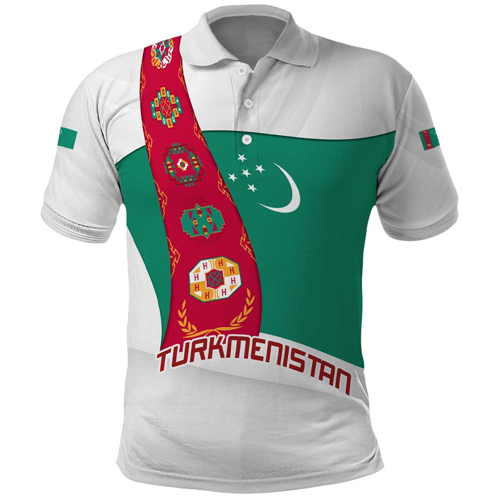 Turkmenistan Flag Polo Shirt with National Emblem and Carpet Stripe Design TS04