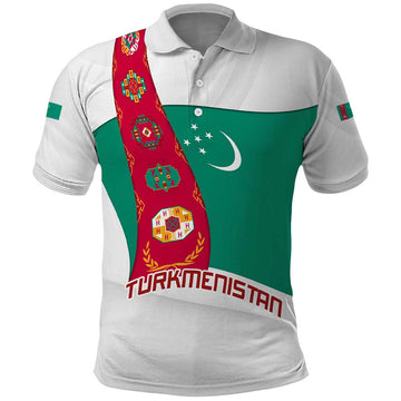 Turkmenistan Flag Polo Shirt with National Emblem and Carpet Stripe Design TS04