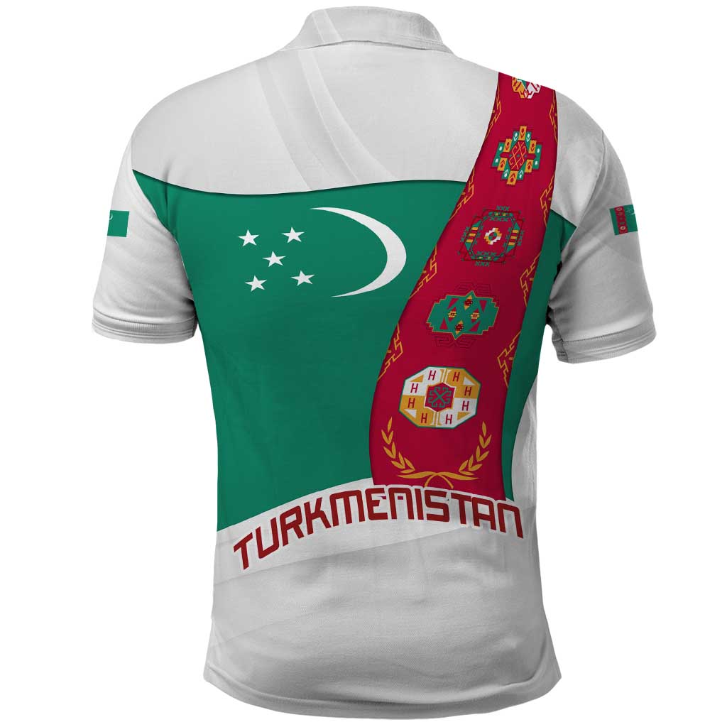 Turkmenistan Flag Polo Shirt with National Emblem and Carpet Stripe Design TS04