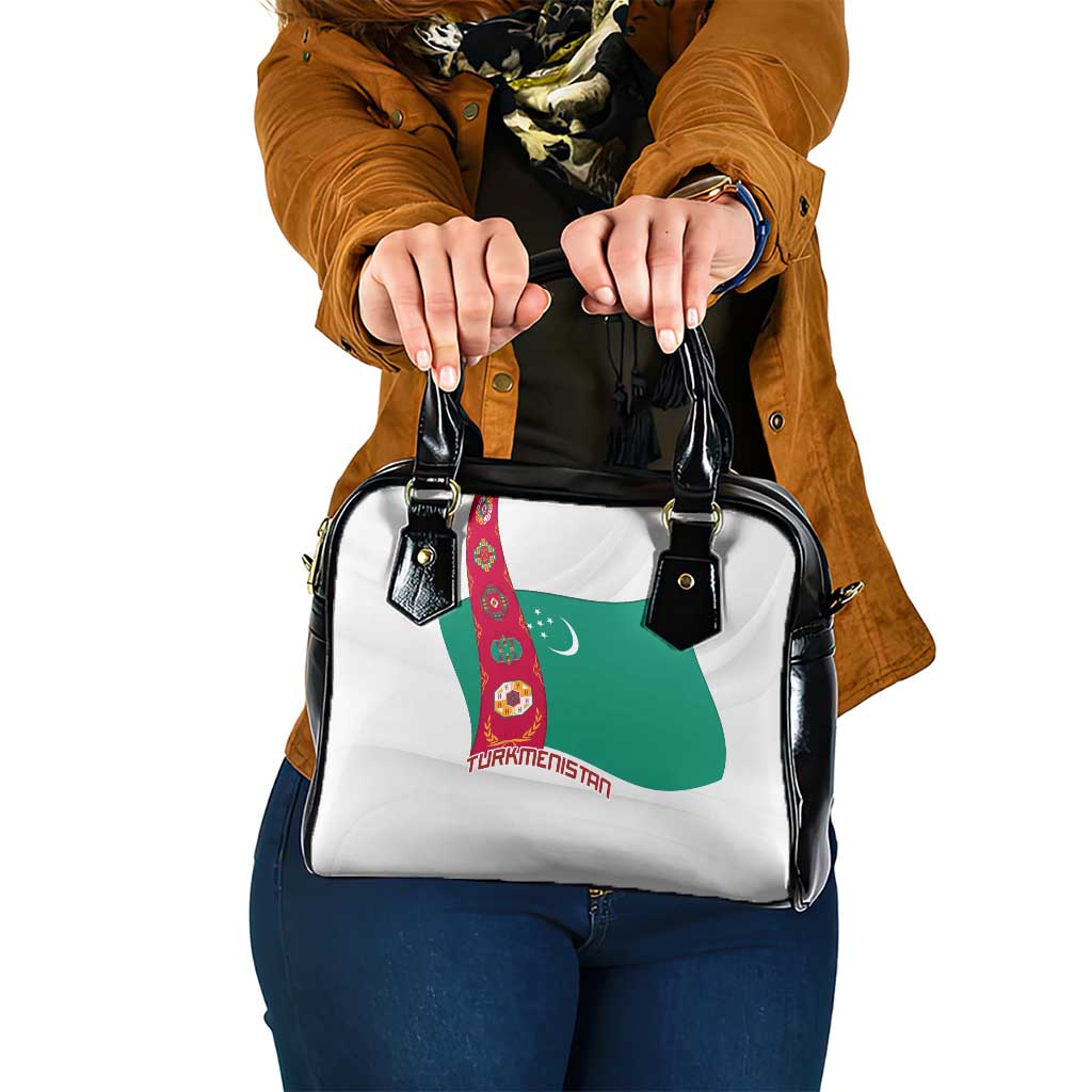 Turkmenistan Flag Shoulder Handbag with National Emblem and Carpet Stripe Design TS04