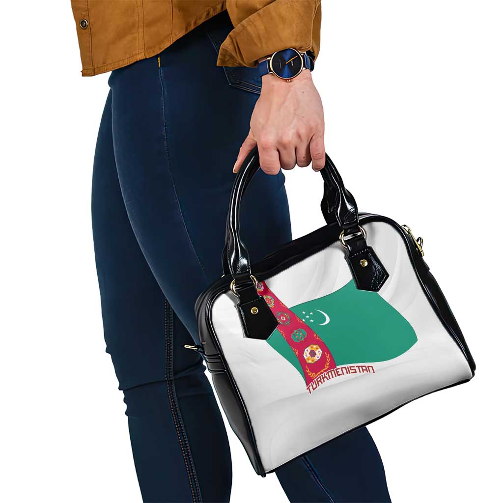 Turkmenistan Flag Shoulder Handbag with National Emblem and Carpet Stripe Design TS04
